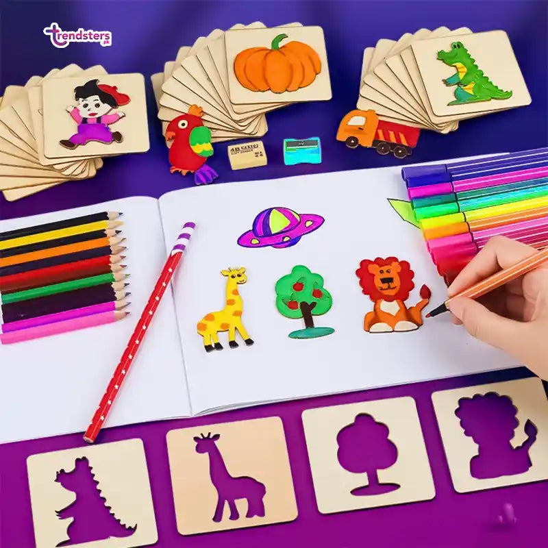 3 in 1 Wooden Kids Drawing Stencils + Puzzle