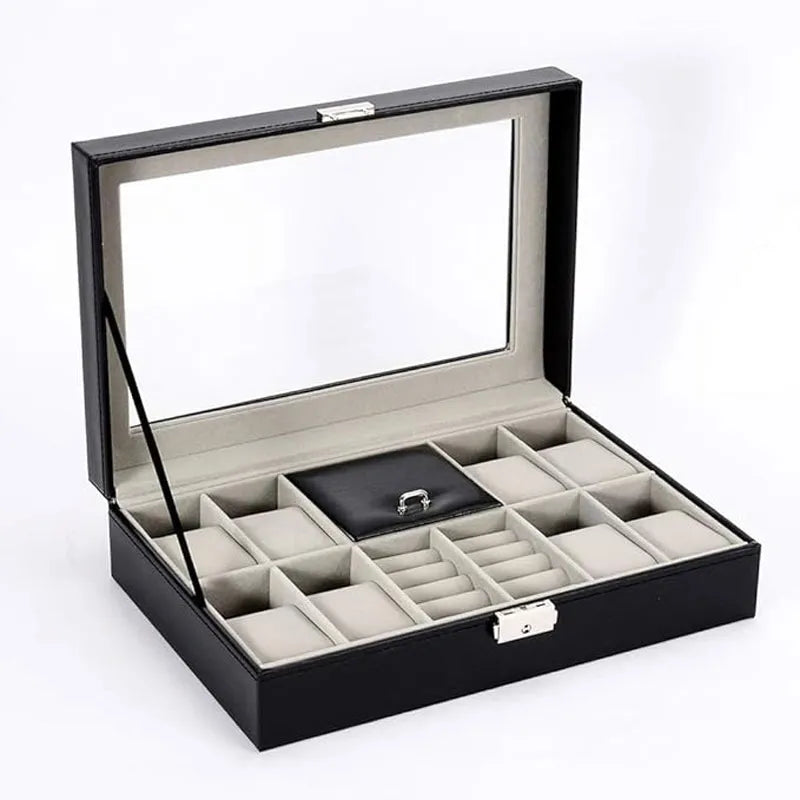 Glass Windows Leather Watch Jewelry Ring Box